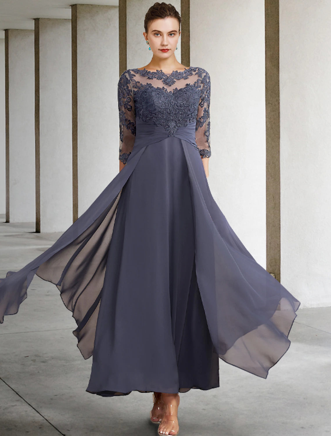 Wholesale  A-Line Mother of the Bride Dress Plus Size Elegant Jewel Neck Ankle Length Chiffon Lace Half Sleeve with Ruched Ruffles Appliques